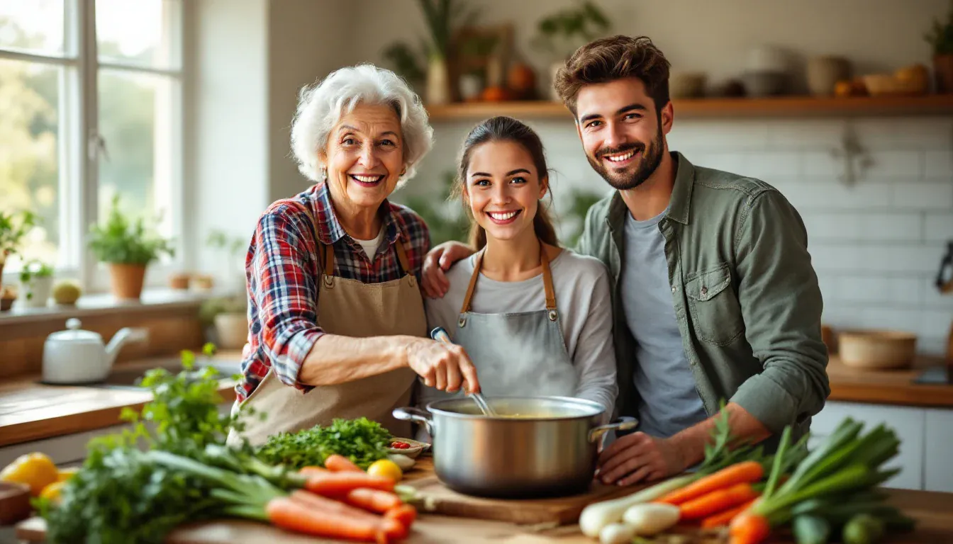 Eine Großmutter kocht mit einer jungen Frau und einem jungen Mann in einer hellen Landhausküche einen großen Topf Gemüsesuppe, und alle drei lächeln in die Kamera.