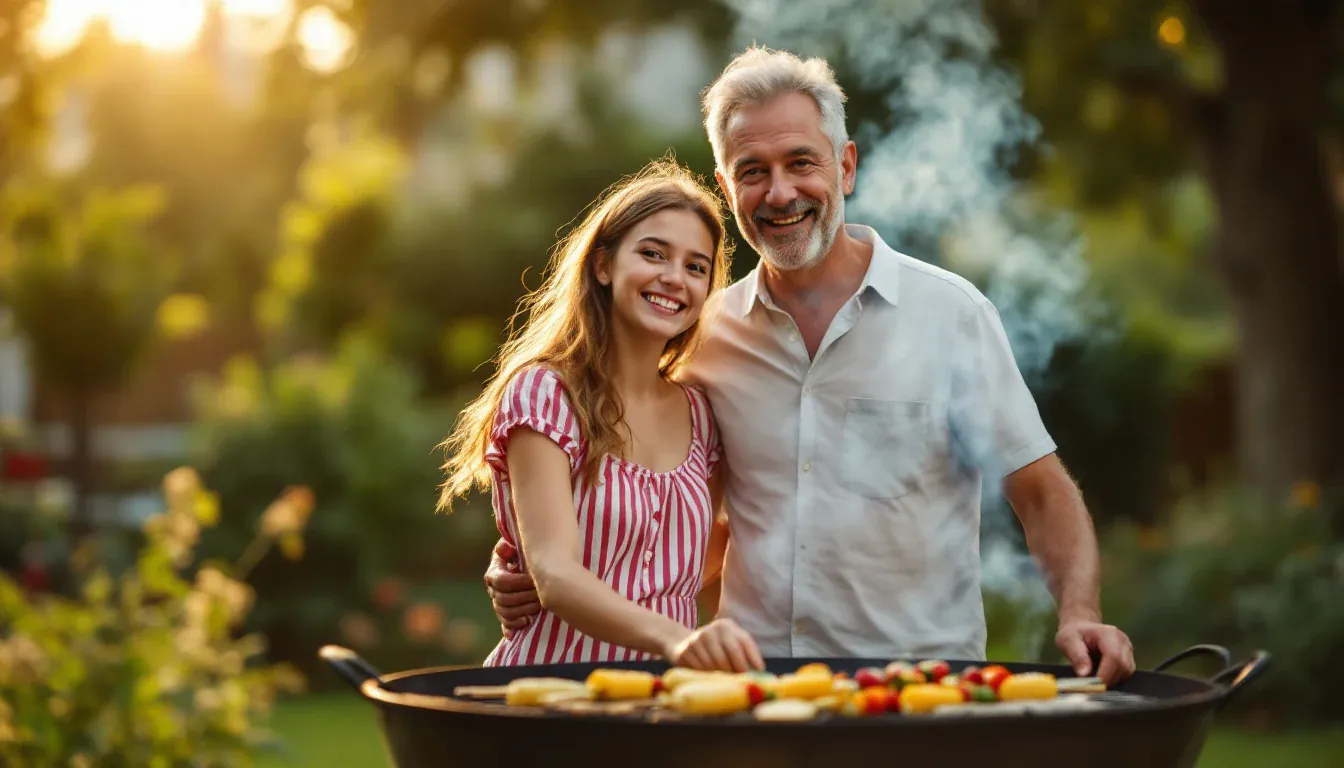 Ein Vater um die sechzig und seine Tochter im Teenageralter stehen an einem Gartengrill mit Maiskolben und Gemüsespießen und lachen in die Kamera.