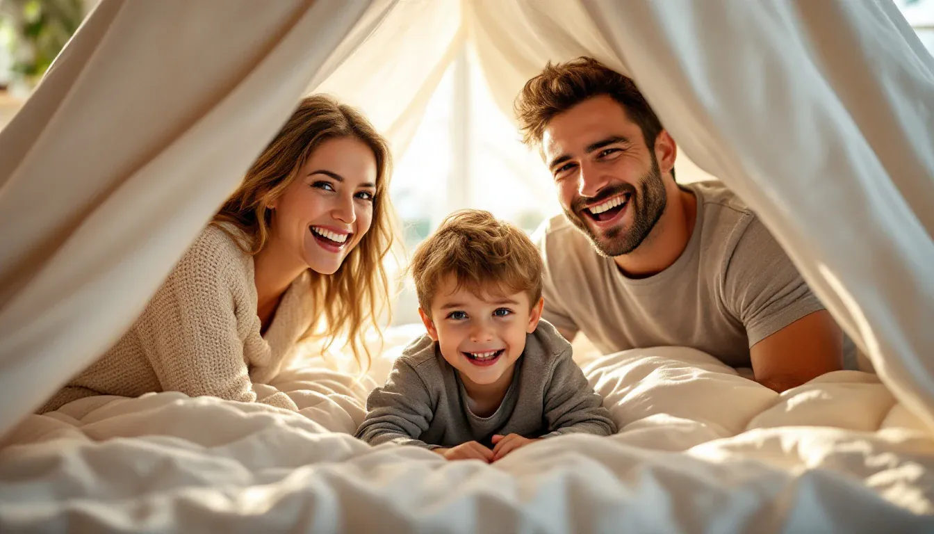 Ein junges Elternpaar liegt mit seinem kleinen Sohn in einer Höhle aus weißen Laken und Decken in einem hellen Wohnzimmer, alle drei lachen in die Kamera.