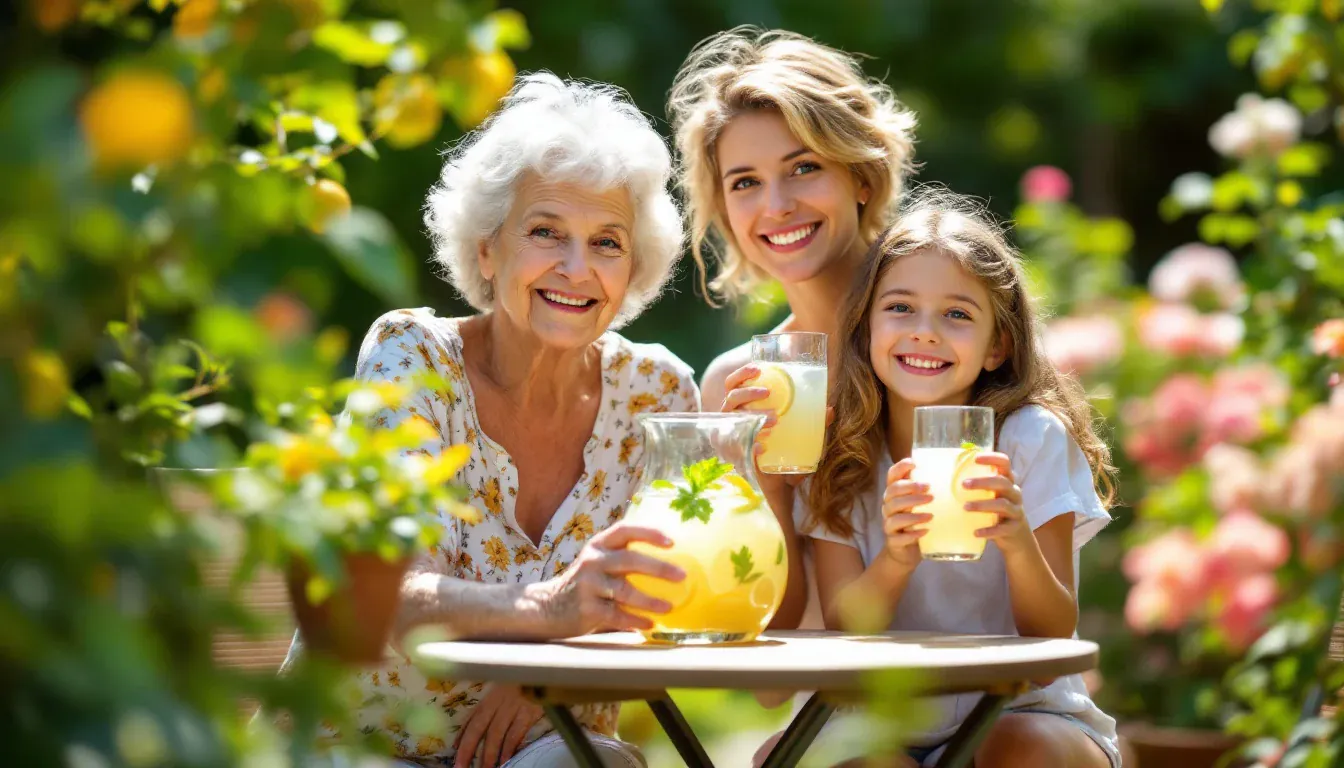 Eine Großmutter, eine junge Mutter und ein Mädchen sitzen an einem sonnigen Gartentisch mit einer Karaffe Limonade und lächeln mit erhobenen Gläsern in die Kamera.
