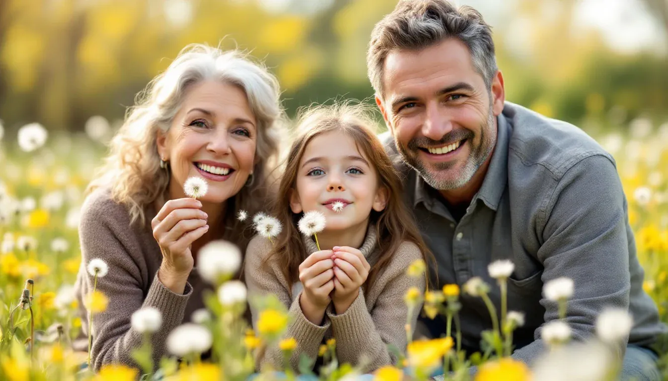 Eine Großmutter, ihr Sohn und ihre Enkelin hocken in einer sonnigen Frühlingswiese voller Pusteblumen und lächeln in die Kamera.