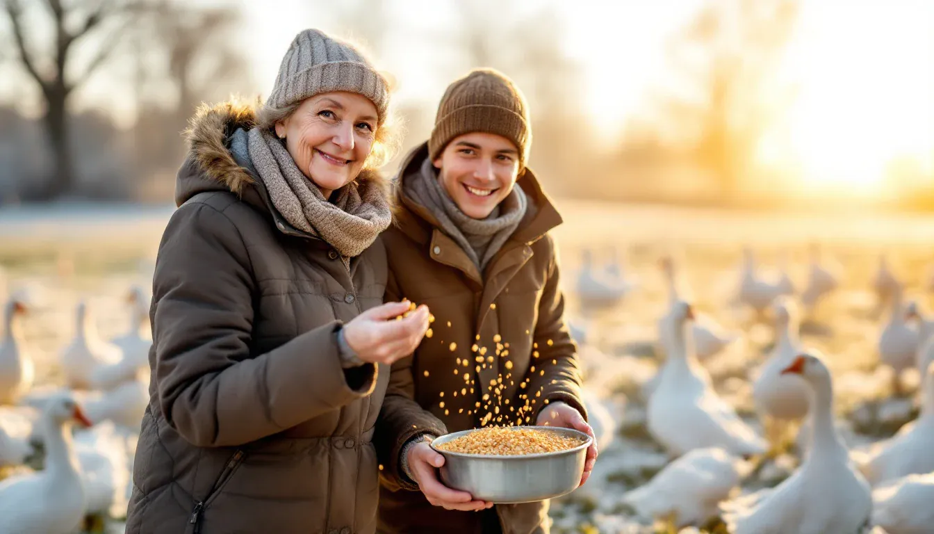 Eine ältere Frau und ein junger Mann füttern auf einer frostigen, sonnigen Wiese eine Schar weißer Gänse mit Körnern und lächeln in die Kamera.