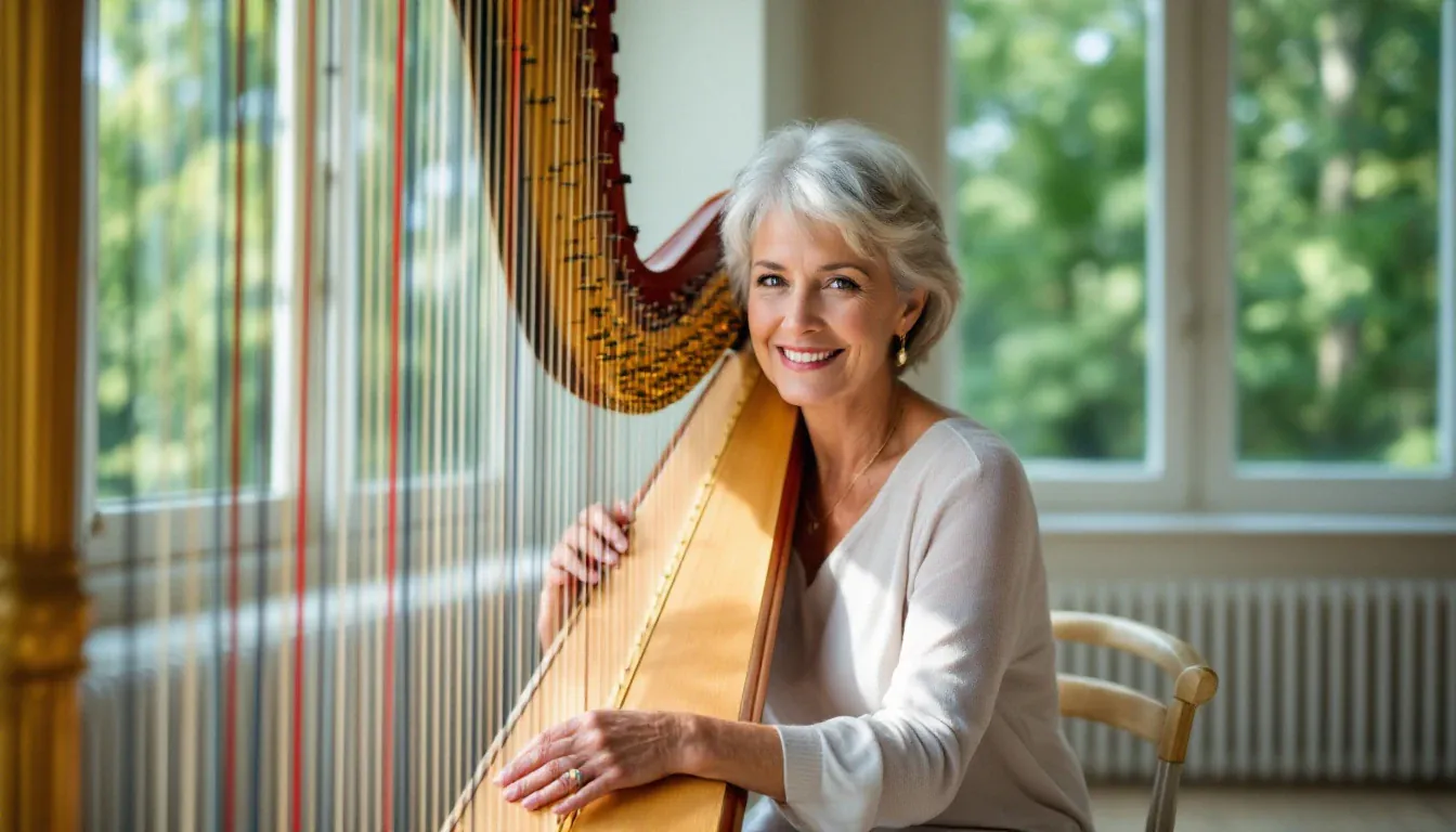 Eine Frau um die sechzig mit kurzen grauen Haaren sitzt an einer goldenen Konzertharfe in einem hellen Musikzimmer mit hohen Fenstern und lächelt in die Kamera.