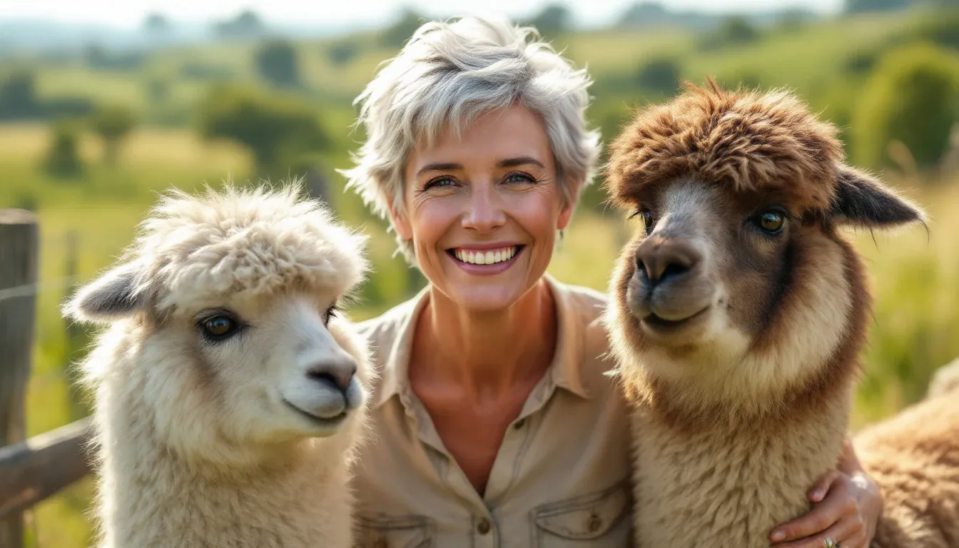Eine Frau mit kurzen grauen Haaren steht auf einer sonnigen Weide zwischen zwei Alpakas und lächelt in die Kamera.