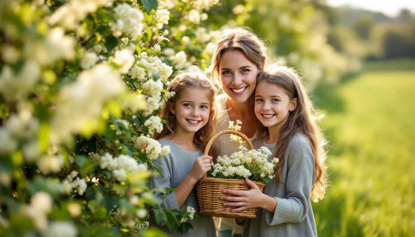 Eine Mutter und ihre zwei Töchter stehen mit einem Weidenkorb voller Holunderblüten vor einem blühenden Holunderstrauch und lächeln in die Kamera.