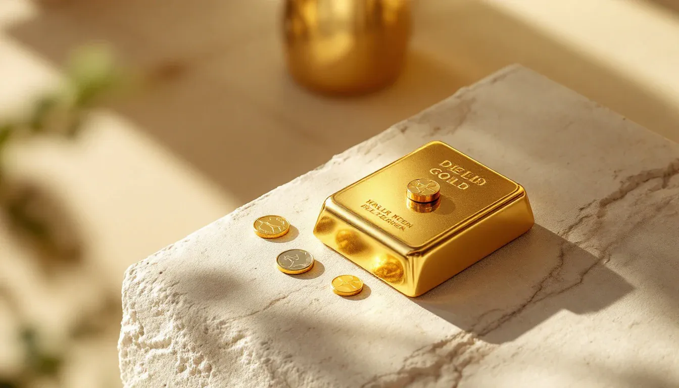 Goldbarren, Silbermuenzen und ein Messingschluessel auf hellem Stein als Sinnbild fuer Sachwerte