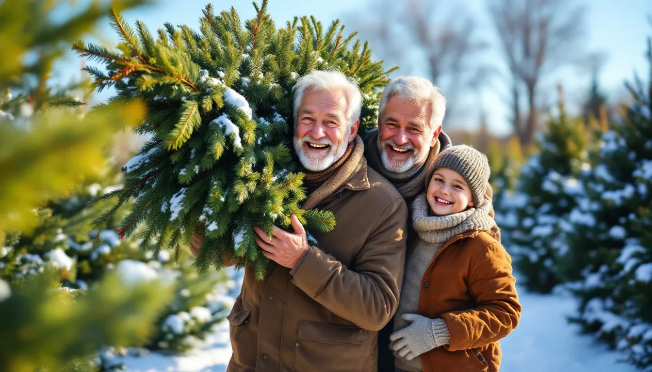 Zwei ältere Männer und ein Junge tragen gemeinsam eine frisch geschlagene Tanne durch eine verschneite Weihnachtsbaumkultur und lachen in die Kamera.