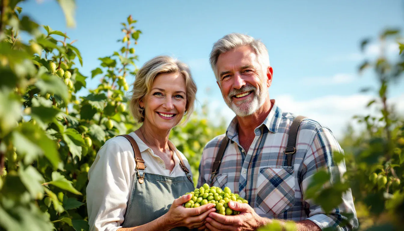 Ein Paar um die fünfzig steht in einem sonnigen Hopfengarten, hält gemeinsam eine Handvoll grüner Hopfendolden und lächelt in die Kamera.