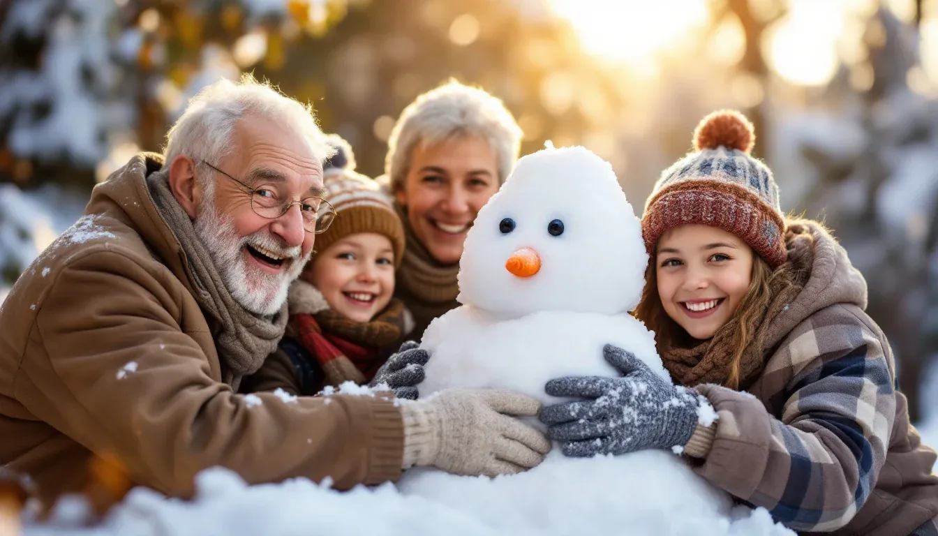 Ein Großvater, eine Frau mit grauen Haaren und zwei Kinder bauen in einem verschneiten, sonnigen Garten einen Schneemann und lachen in die Kamera.