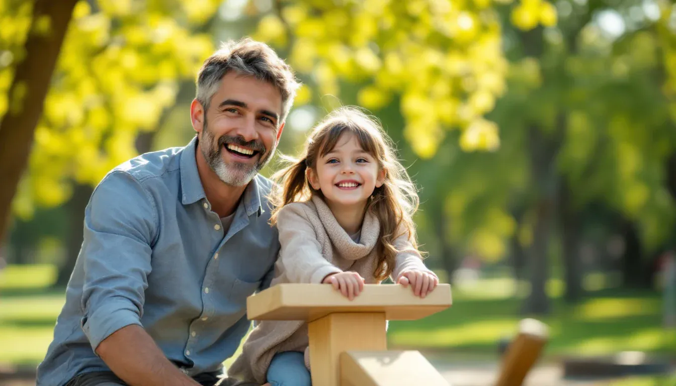 Ein Vater und seine kleine Tochter sitzen an einer hölzernen Wippe in einem sonnigen, grünen Park und lachen in die Kamera.