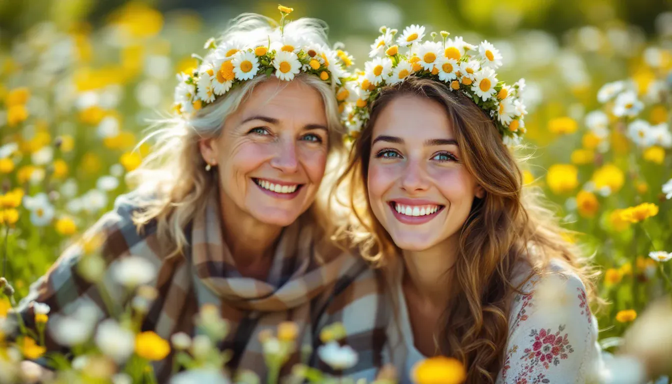 Eine Mutter und ihre erwachsene Tochter mit Blütenkränzen aus Margeriten im Haar sitzen in einer sonnigen Blumenwiese und lächeln in die Kamera.