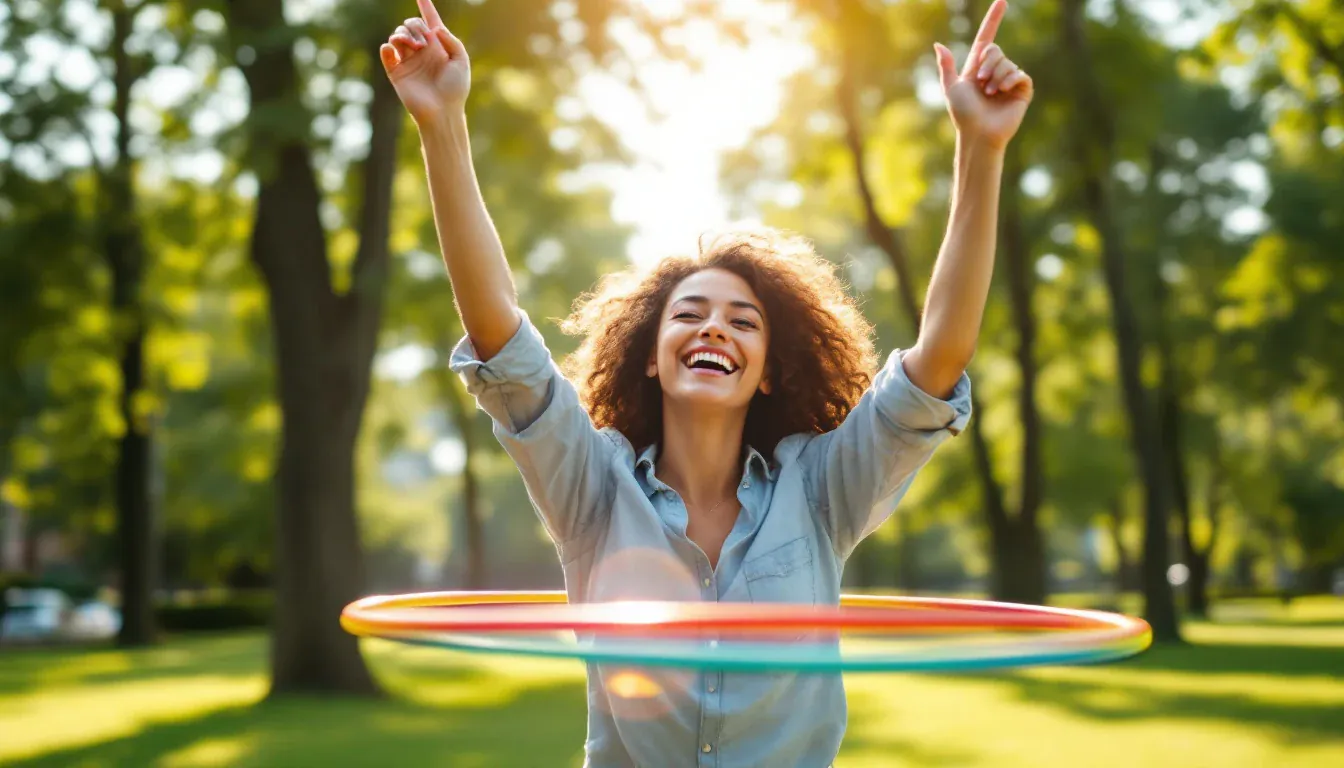 Eine junge Frau lässt in einem sonnigen Stadtpark einen bunten Hula-Hoop-Reifen um die Hüfte kreisen und lacht mit erhobenen Armen in die Kamera.