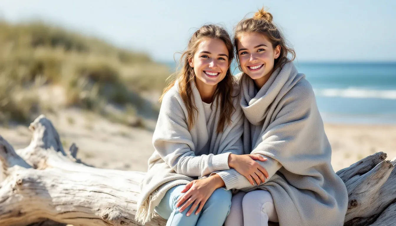 Zwei junge Frauen sitzen in Decken gehüllt auf einem Treibholzstamm am Sandstrand vor Dünen und Meer und lächeln in die Kamera.
