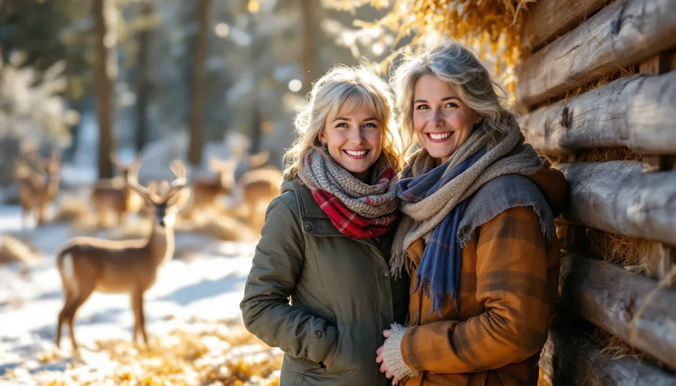 Zwei Frauen in Winterjacken und Schals stehen an einer hölzernen Futterraufe am Rand einer verschneiten, sonnigen Waldlichtung, hinter ihnen äsen Hirsche, beide lächeln in die Kamera.