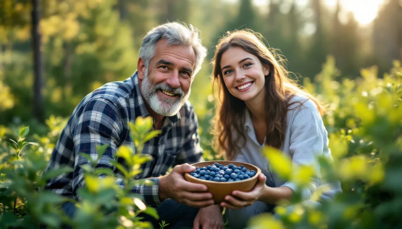 Ein Mann um die sechzig mit grauem Bart und seine erwachsene Tochter knien zwischen Blaubeersträuchern am sonnigen Waldrand, halten eine Holzschale voller Blaubeeren und lächeln in die Kamera.
