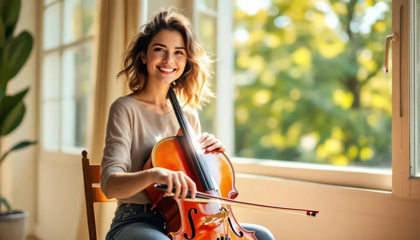 Eine Cellistin sitzt mit ihrem Cello in einem sonnigen Musikzimmer am offenen Fenster, hält den Bogen in der Hand und lächelt in die Kamera.