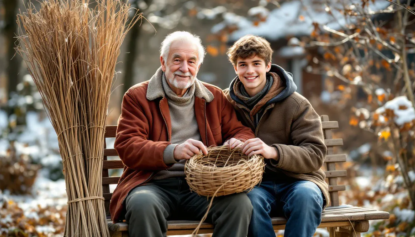Ein Großvater und sein jugendlicher Enkel sitzen auf einer Holzbank in einem winterlichen Garten, flechten gemeinsam einen Weidenkorb und lächeln in die Kamera.