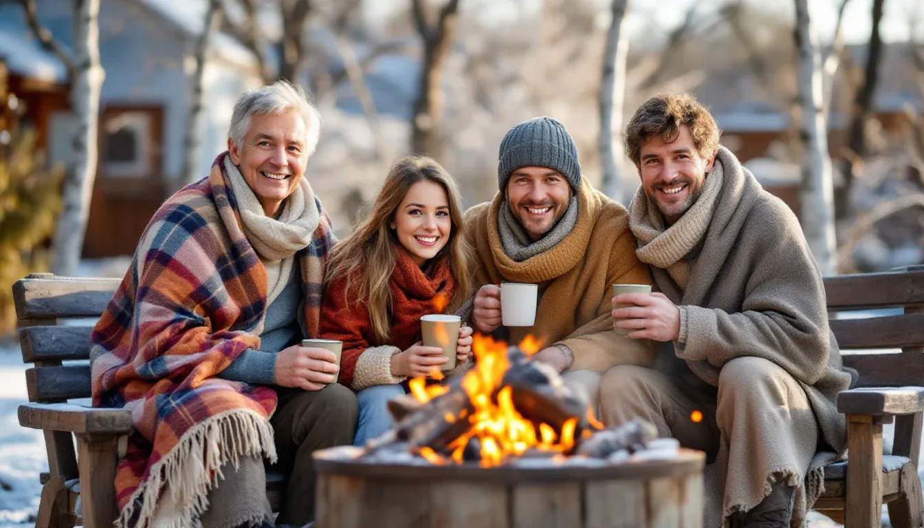 Ein älterer Mann und drei jüngere Erwachsene sitzen an einem frostigen, sonnigen Wintertag in Decken gehüllt mit Bechern um eine Feuerschale im Garten und lächeln in die Kamera.