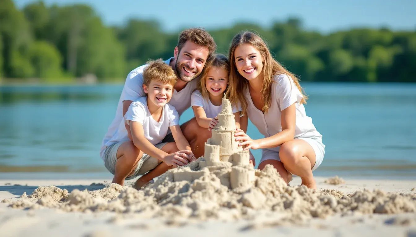 Eine junge Familie mit Sohn und Tochter kniet am sonnigen Ufer eines Sees um eine große Sandburg und lacht in die Kamera.