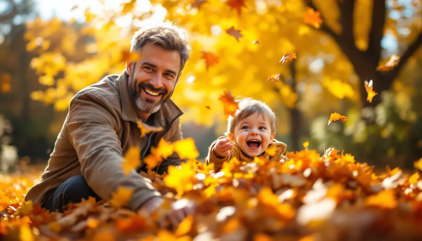 Ein Vater und sein kleiner Sohn spielen in einem sonnigen Garten in einem Haufen bunter Herbstblätter und lachen in die Kamera.