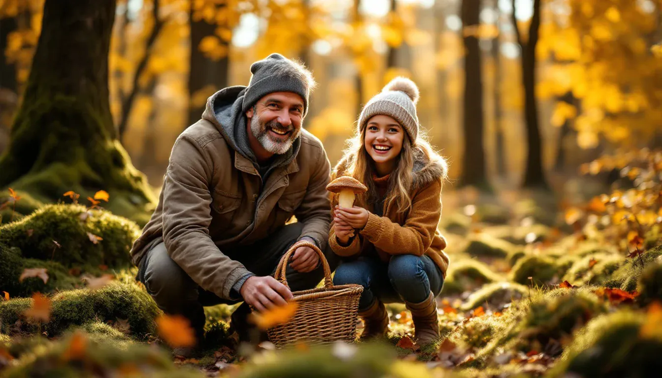 Ein Vater und seine jugendliche Tochter knien im sonnigen Herbstwald neben einem Weidenkorb, die Tochter hält einen großen Pilz, und beide lachen in die Kamera.