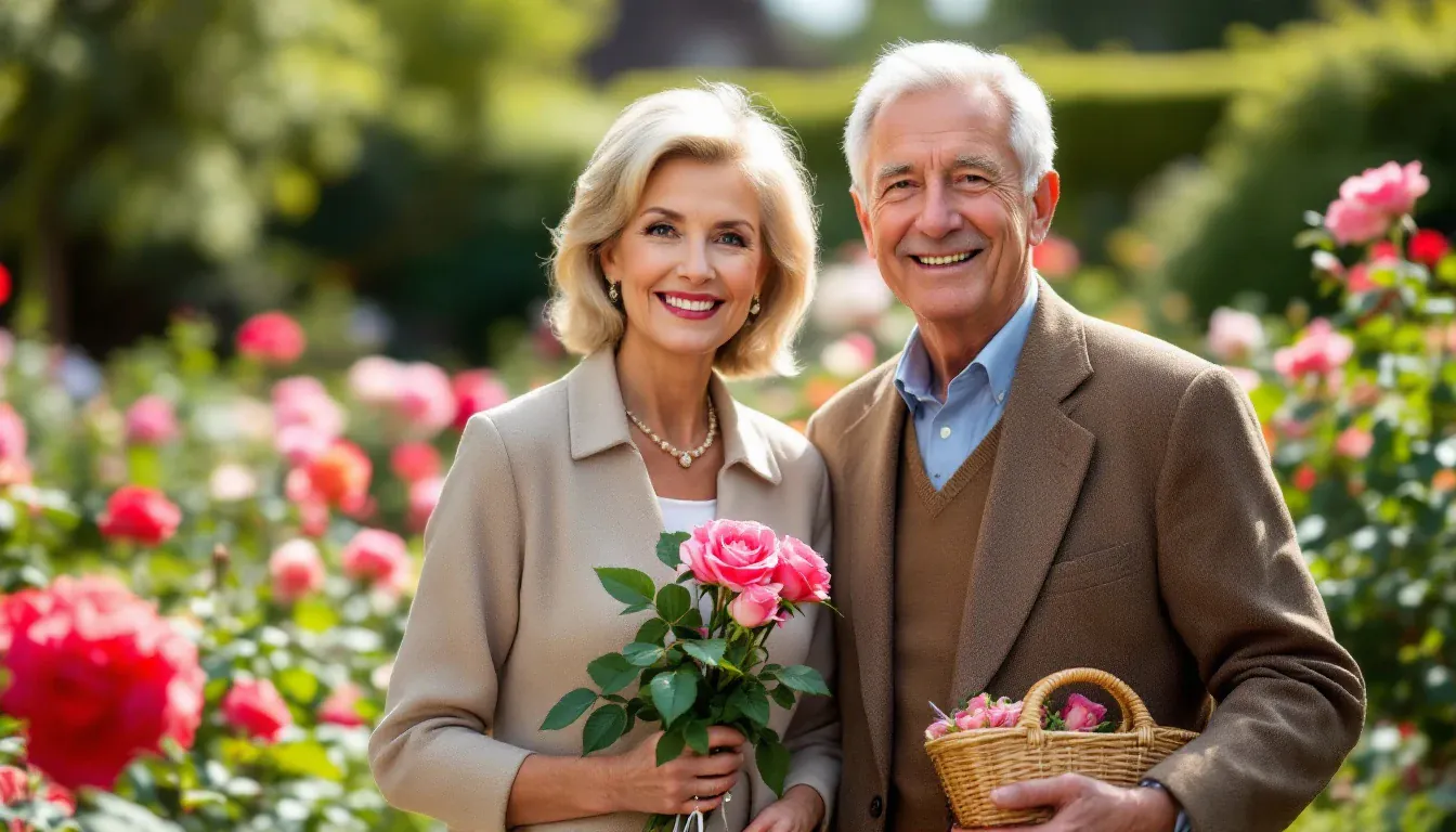 Ein elegantes Paar Ende sechzig steht in einem blühenden Rosengarten, sie mit frisch geschnittenen rosa Rosen, er mit einem Weidenkorb, und beide lächeln in die Kamera.